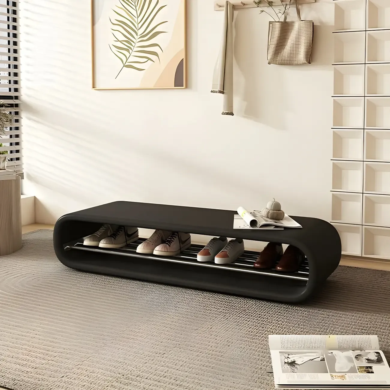 Decorative Short Oval Pine Wood Storage Entryway Bench