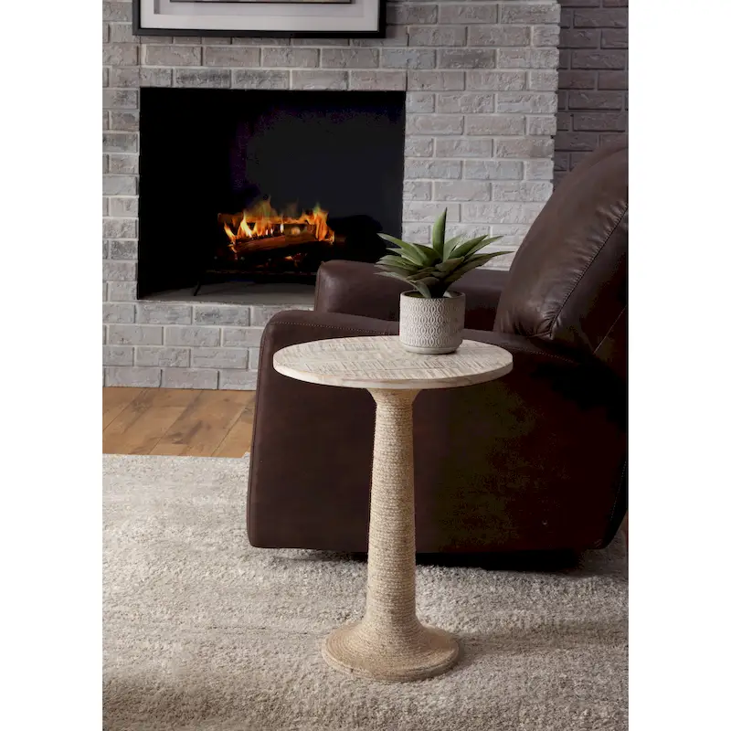 Abbott Solid Wood White Wash Round End Table with Jute Rope Wrapped Base