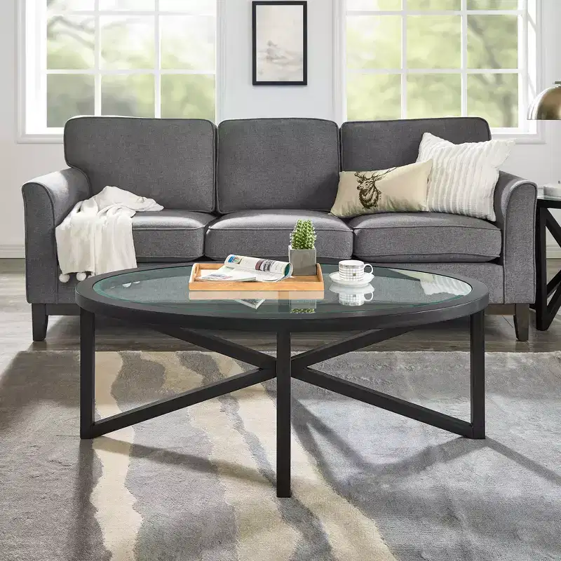 Round/Oval Coffee Table Glass End Table Cocktail Table Sofa Table Side Table Center Table, Black/Cherry-ModernLuxe