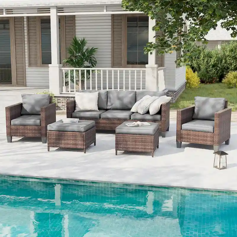 BONOSUKI 5-Piece Patio Sofa Sets Brown Rattan Outdoor Furniture Set
