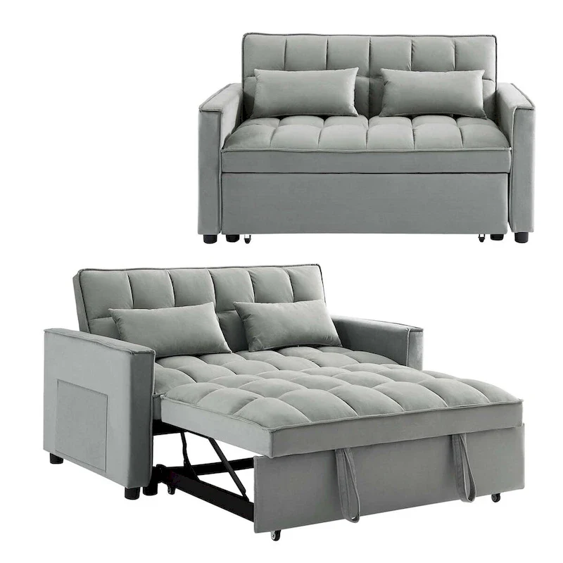 Convertible Sleeper Loveseat, 3-Position Backrest, Velvet, Foam, Side Pockets, USB, Seats 2/Twin Bed, Blue/Black/Grey