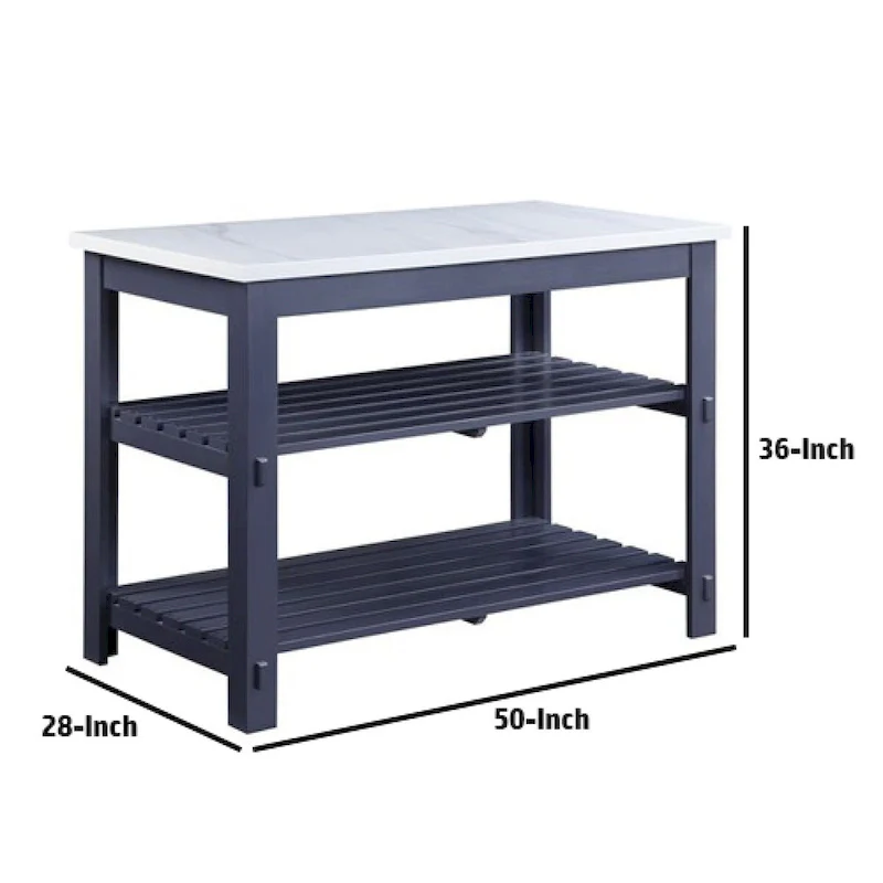 50 Inch Kitchen Island, Faux Marble Top, 2 Slatted Shelves, Gray