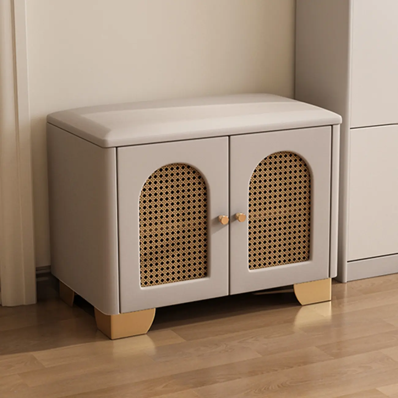 Cubic Wooden Upholstered Entryway Bench with Doors