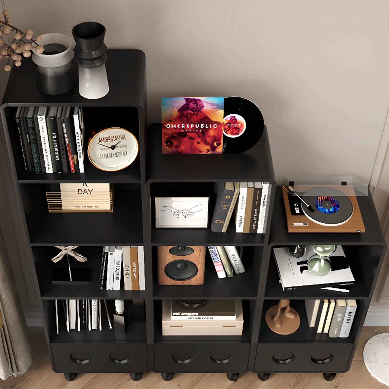 Narrow Black Wood 5-Tier Rolling Bookcase with Drawers
