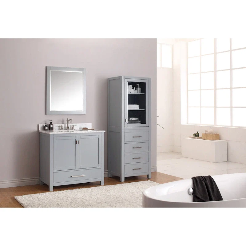 Chilled Gray Linen Tower with Glass Door, 4 Drawers & 2 Adjustable Shelves