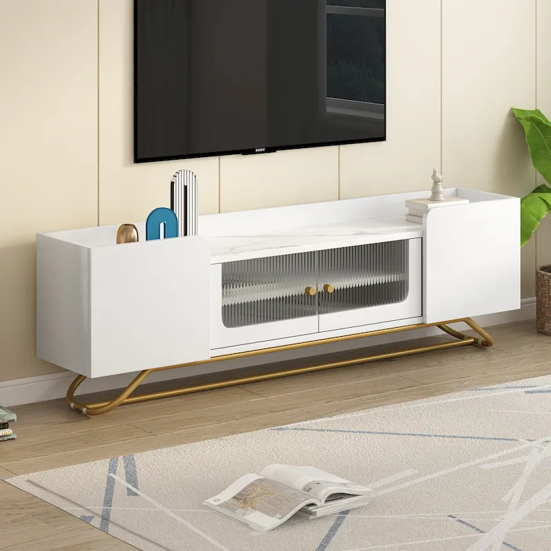 White Marble TV Stand with Gold Frame and Fluted Glass Doors - 63 Inch