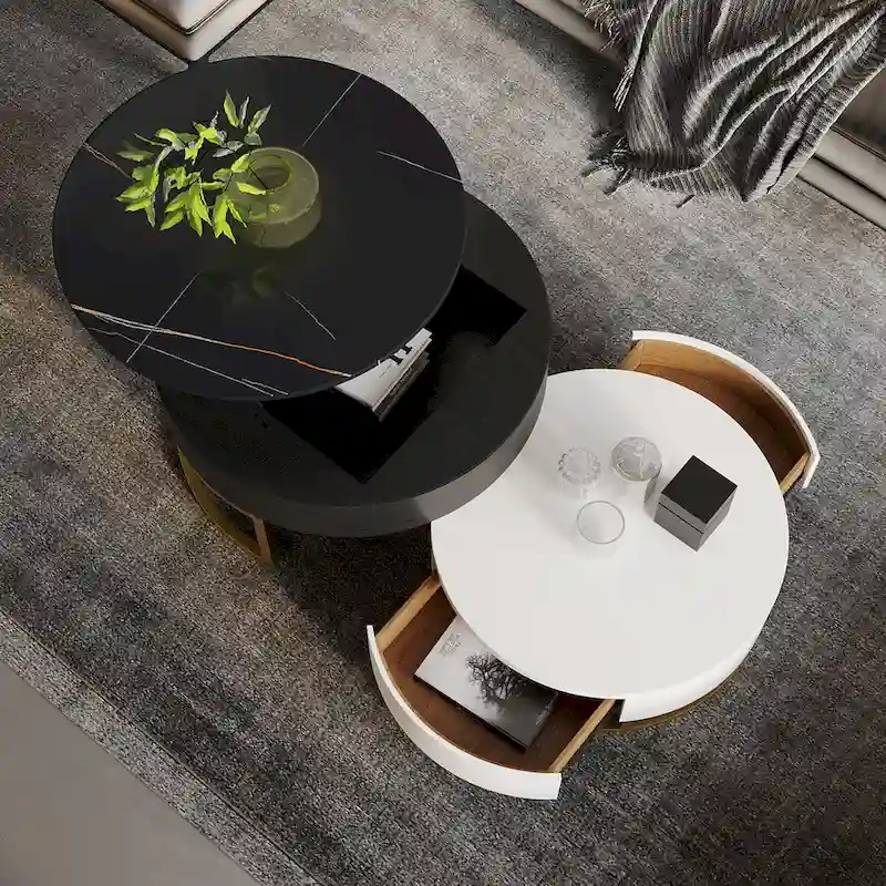 Round Wood Lift-top Nesting Coffee Table with Rotatable Drawers