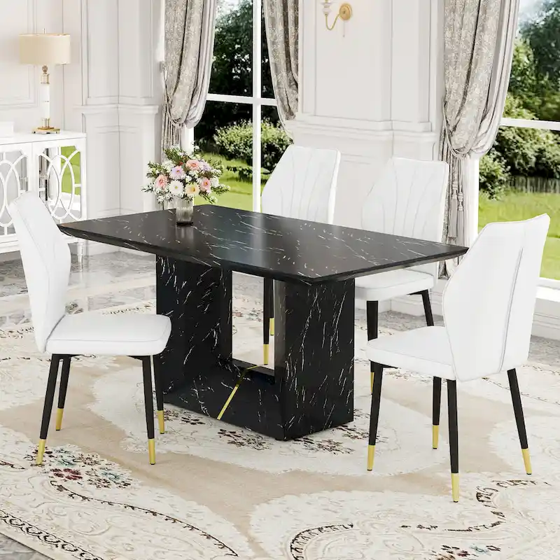 Black Marble Pattern Dining Set - 5 Piece with 4 PU Chairs (63