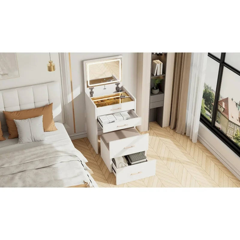 23.6 Makeup Vanity Table with Flip Top Lighted, 3 in 1 Vanity Desk with Glass, LED Light & Power Outlet, 3 Drawers