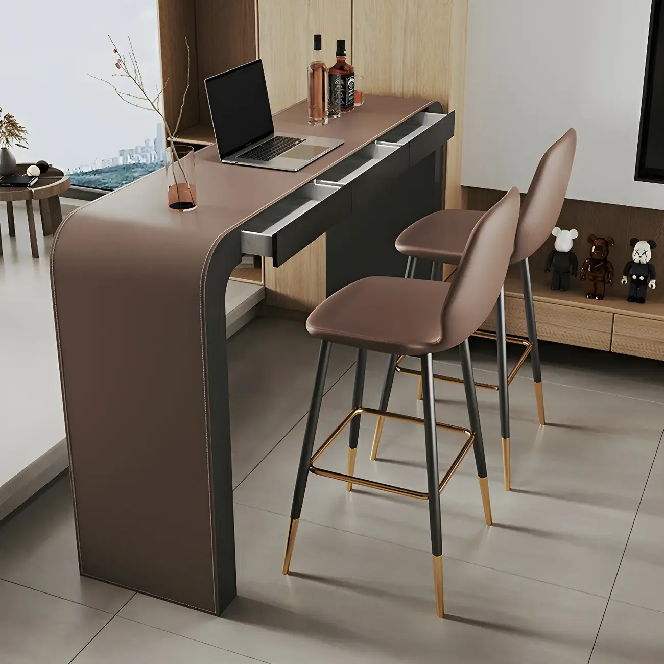Modern Brown Leather Wooden Curved Bar Tables with 3 Drawers
