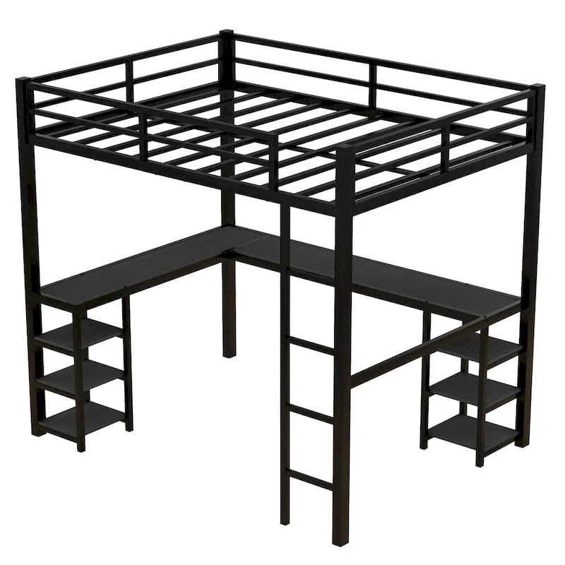 Black Full Size Metal Size Loft Bed with Desk and Shelves, Loft Bed with Ladder and Guardrails, Loft Bed Frame for Bedroom