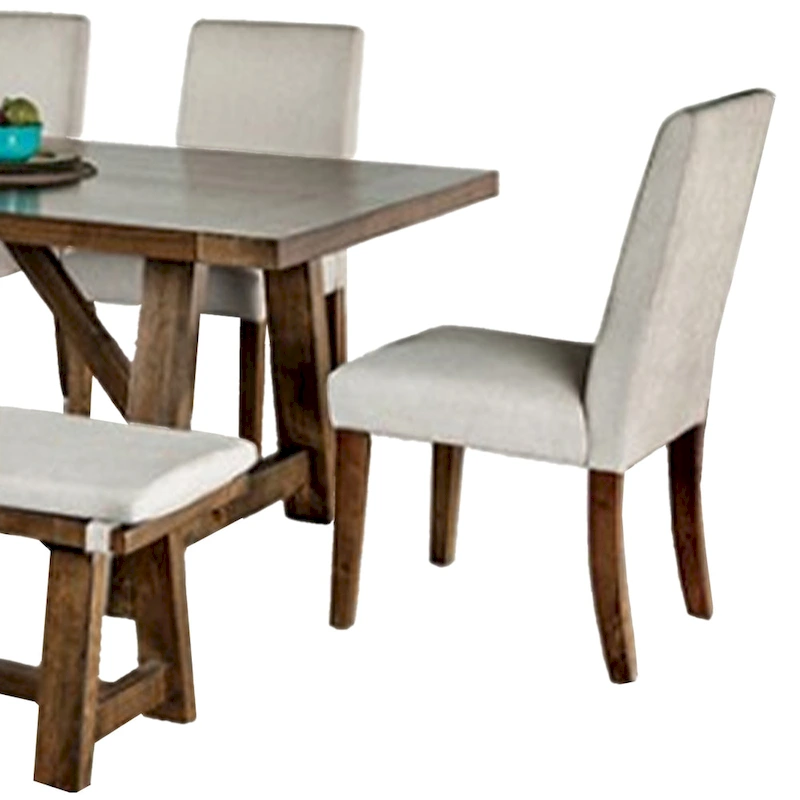 Jule 7pc Dining Set, Brown Rectangular Table, Chairs, Bench w White Seat