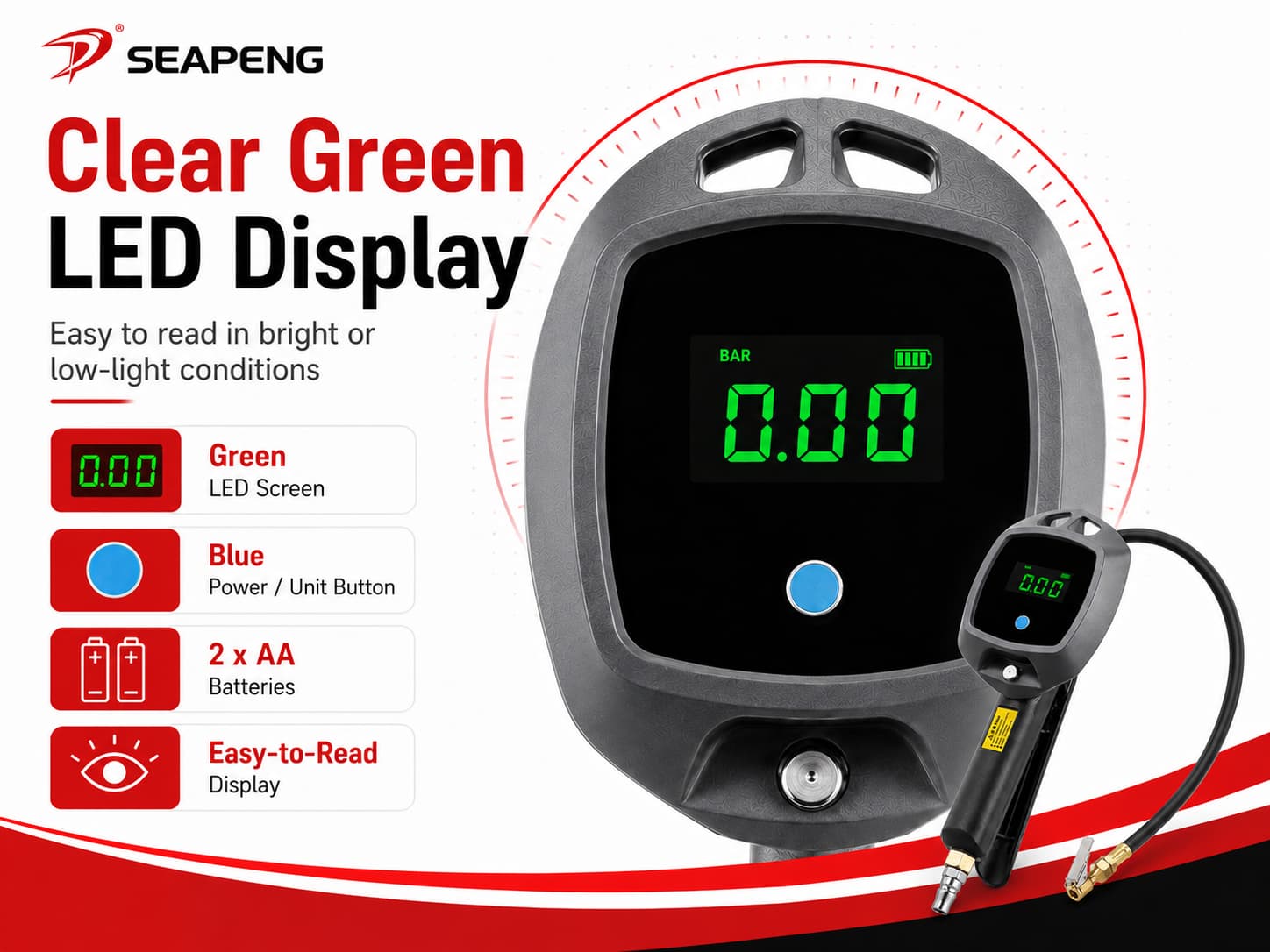 SEAPENG BW-E02 tire inflator gauge hose and chuck