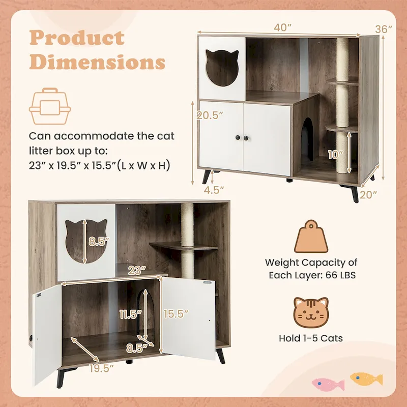 Gymax Cat Litter Box Enclosure 5-in-1 Enlarged Cat Litter Cabinet