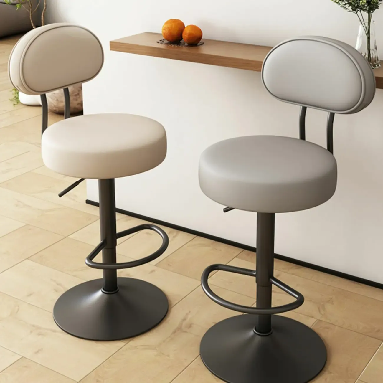Round Adjustable Faux Leather Bar Stools with Back
