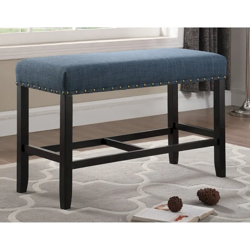 Roundhill Furniture Biony Blue Fabric Pub-Height 25.5 Dining Bench with Nailhead Trim