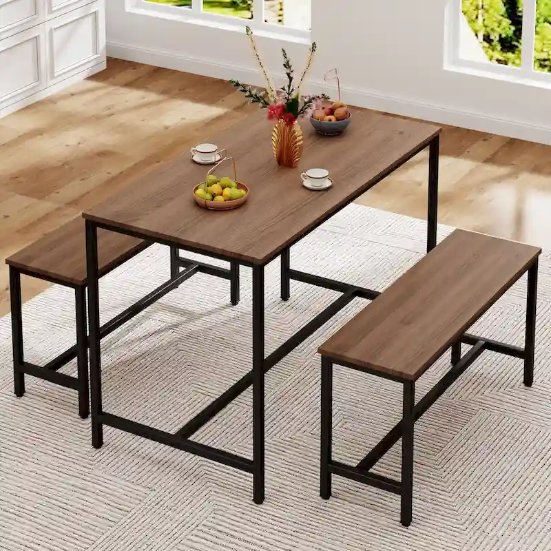 Dining Table Set for 4, Kitchen Table with Benches, Rectangular Dining Room Table Set with 2 Metal Wood Benches, 3 Piece Dining