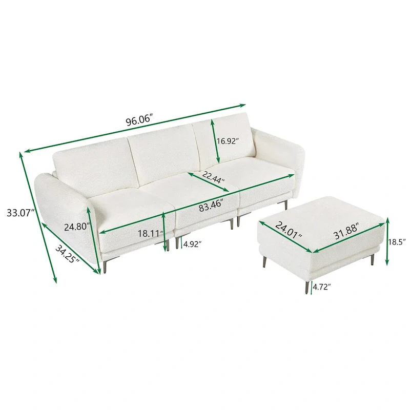 Convertible Sectional Sofa Couch, 3 Seat L-Shaped Sofa with Lamb Fabric, Movable Ottoman