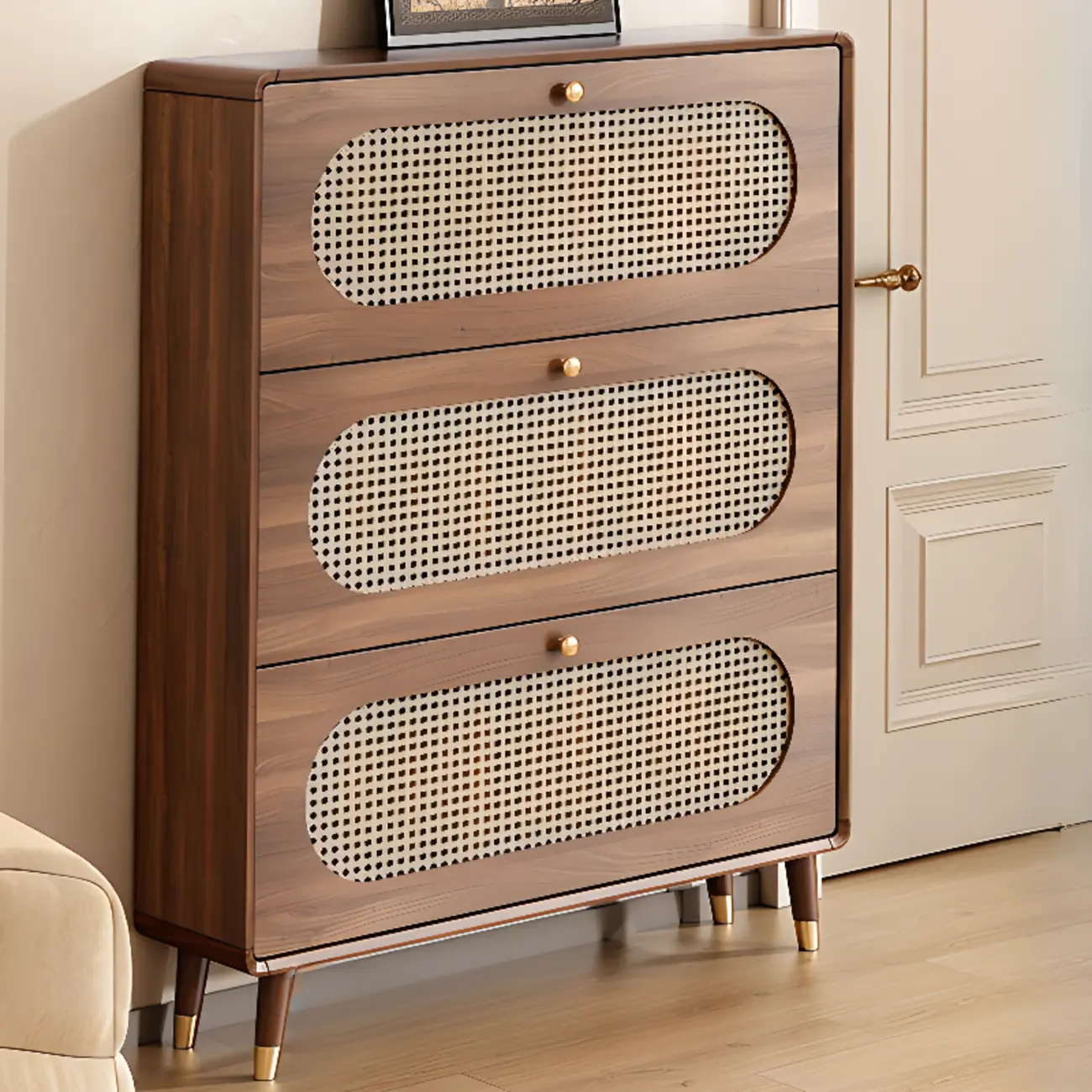 Bohemian Slim Brown Drop-Front Wood Shoe Cabinet