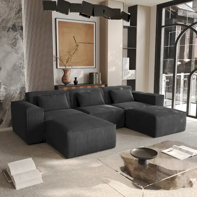 Gray Corduroy U-Shaped Sectional Sofa with Ottoman - 3 Seater