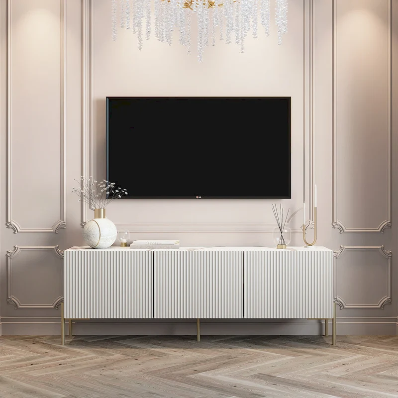 Living Skog Selline Beige TV Stand Console Fits TV's up to 65 in. with Metal Legs in Art Deco Design