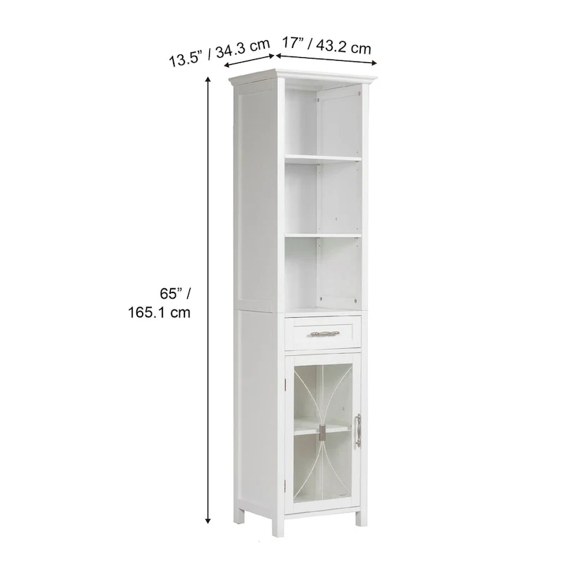 Home Delaney Freestanding Linen Tower with Open Shelves, Drawer, Cabinet - 13.5L x 17W x 65H