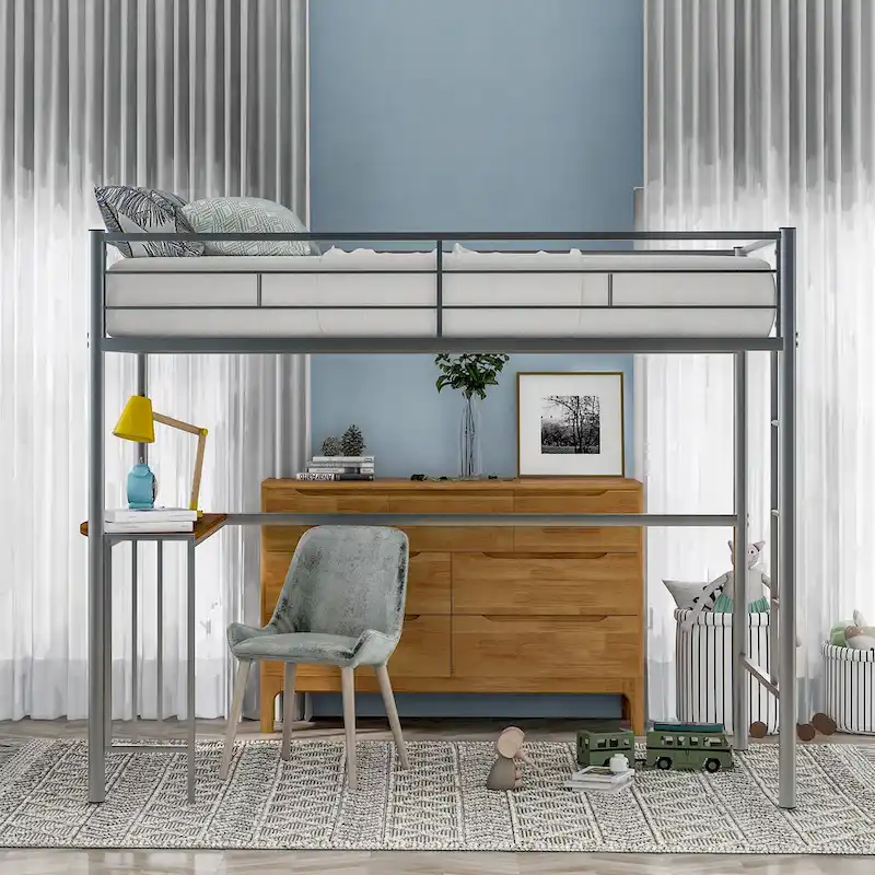 Metal Loft Bed with Desk, Ladder and Guardrails