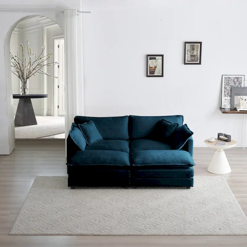 4 - Piece Upholstered Sectional Sofa with Ottoman Blue