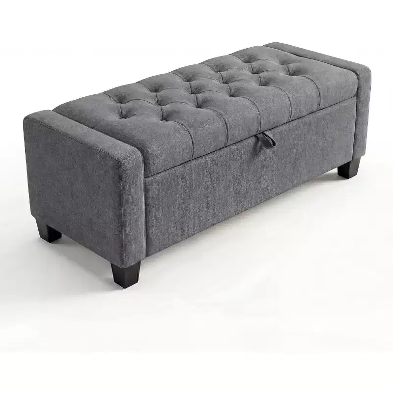Beige / Gray Tufted Storage Ottoman Bench, 2-Person, Slow-Close Hinge
