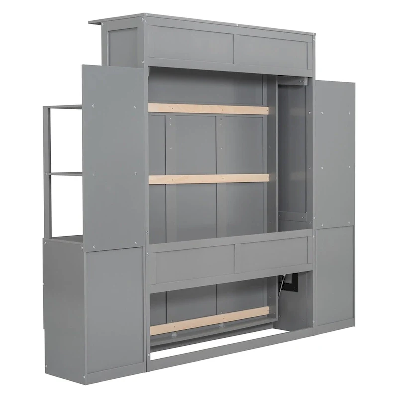Full Size Murphy Bed Wall Bed with Shelves,Drawers and LED Lights