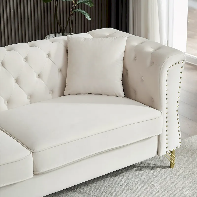 Beige 60.2 Velvet 2 Seater Sofa Couch with Metal Feet, 2 Pillows, Nailhead Trim, Solid Wood Frame and Foam Padding