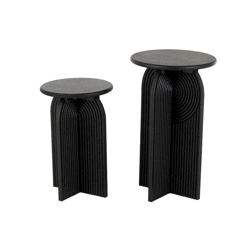 Wood Geometric Sandstone Carved Art Deco Arched Pedestal Side End Accent Table - Set of 2 Black - Roche River Decor