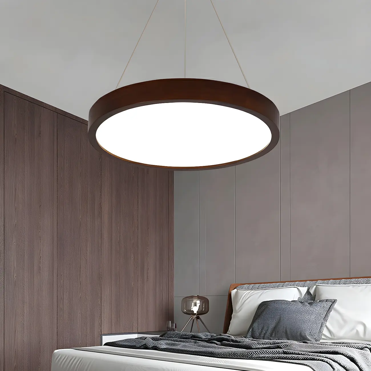 Modern Dimmable LED Brown Cylinder Wood Chandelier