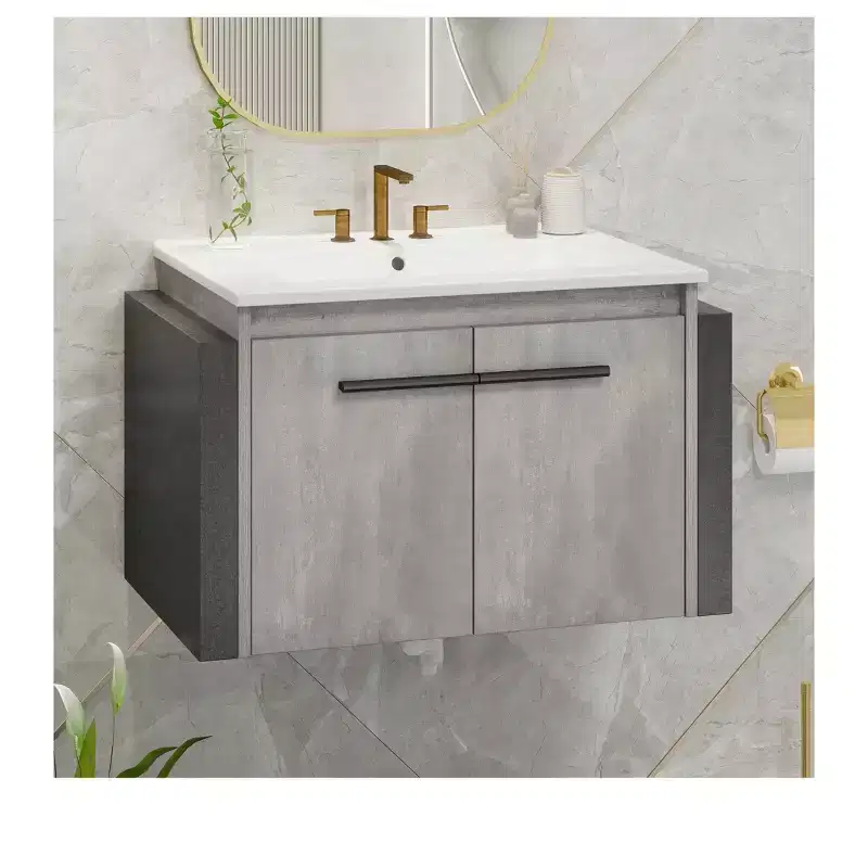 Gray Wall-Mounted Single-Sink Bathroom Vanity with Ceramic Basin