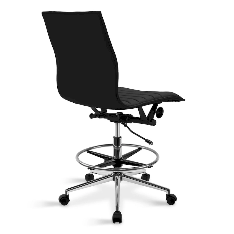 Modern Drafting Chair Upholstered PU Leather Ribbed Armless Mid Back with Tall Adjustable Base & Leg Rest