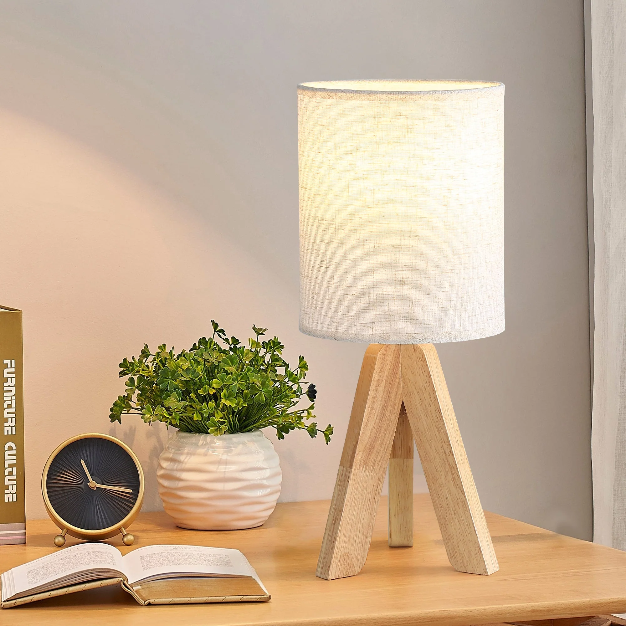 Modern Wooden Base Nightstand Table Lamp Set of 2