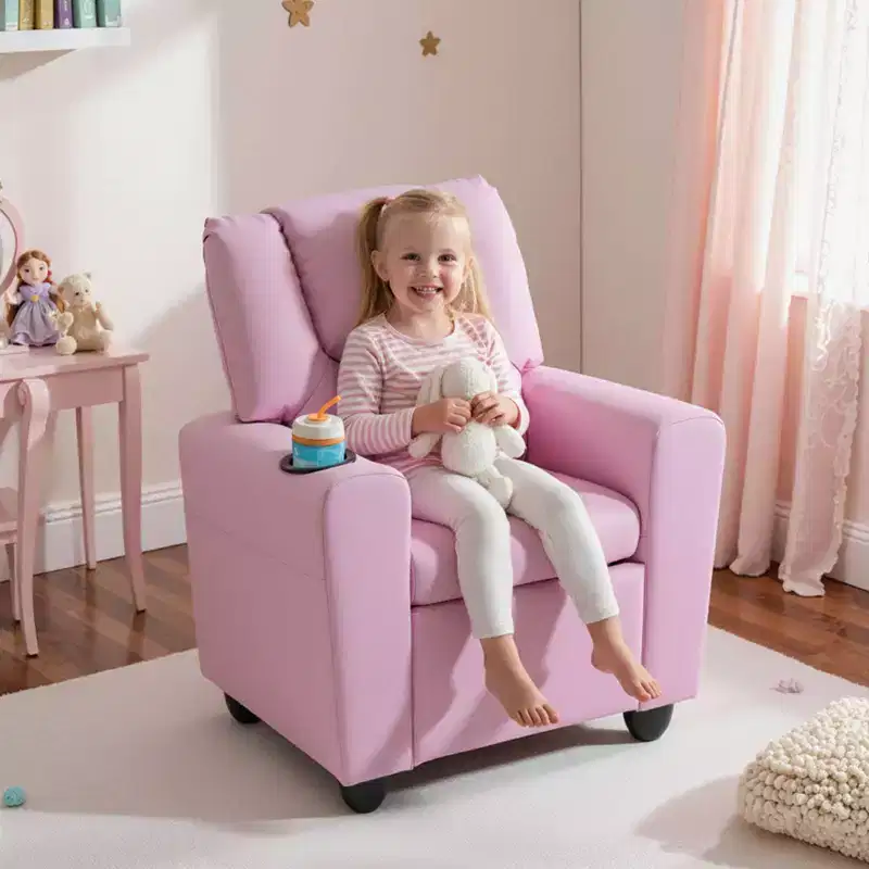 Kids Recliner Chair with Cup Holder – Beige / Black / Brown / Pink, Push-Back Style, 1-Seat