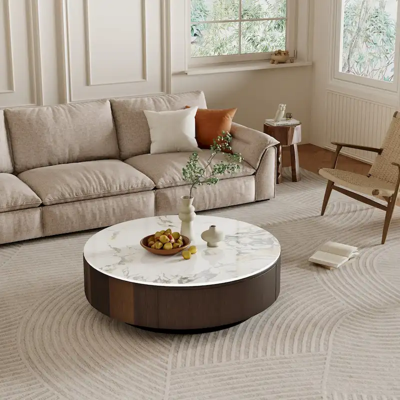 35 Modern Faux Marble Round Coffee Table, White Glossy Sintered Stone Tabletop, Mid Century Table with Solid Wood Drawer