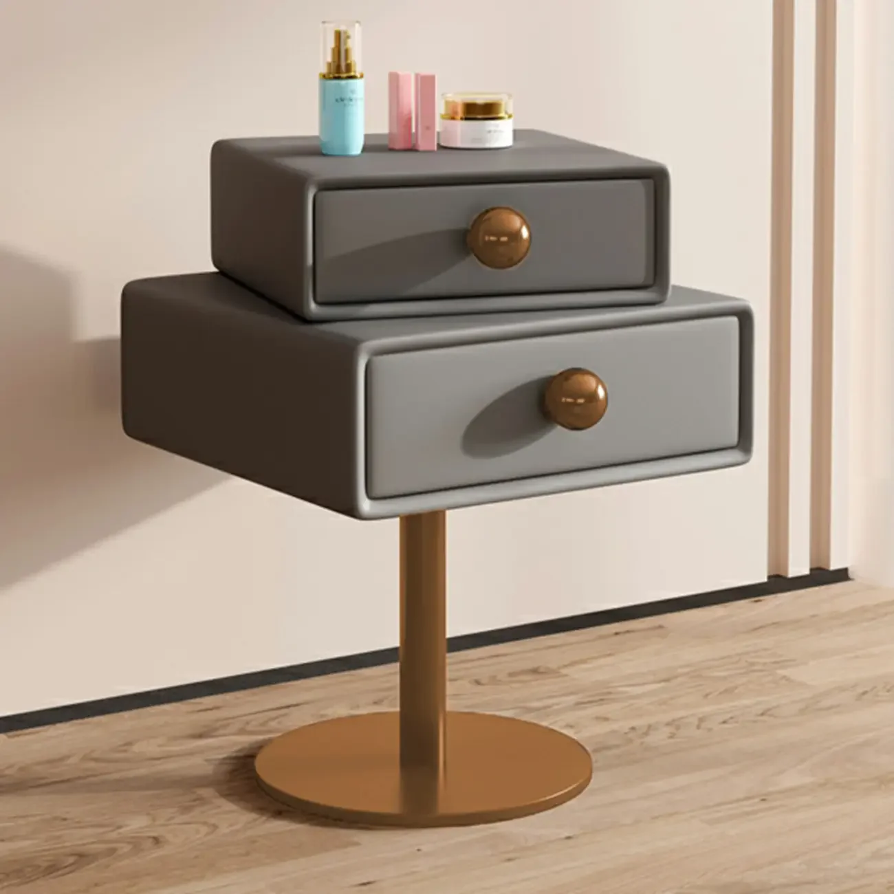 Narrow Faux Leather Swivel Drawer Nightstand for Bedroom
