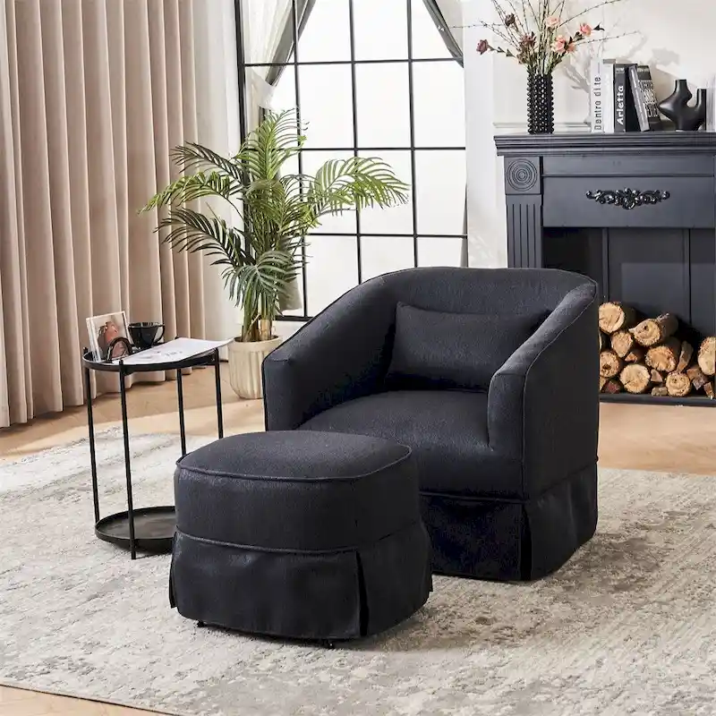 Swivel Barrel Chair with Ottoman and Black Metal Base