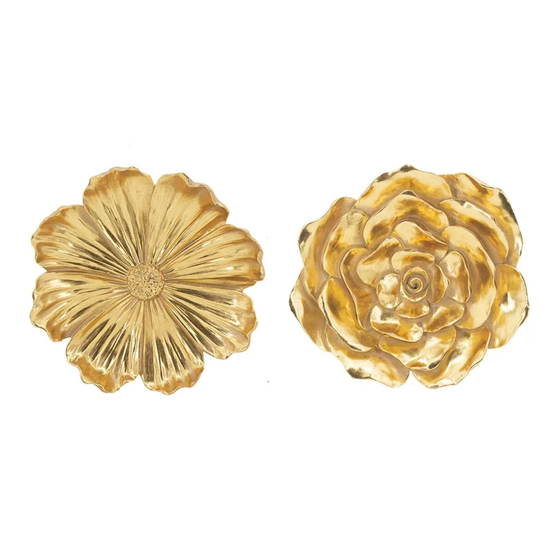 Dazzle 11, 12 Inch Floral Hanging Wall Accent Set of 2, 3 Dimensional, Gold