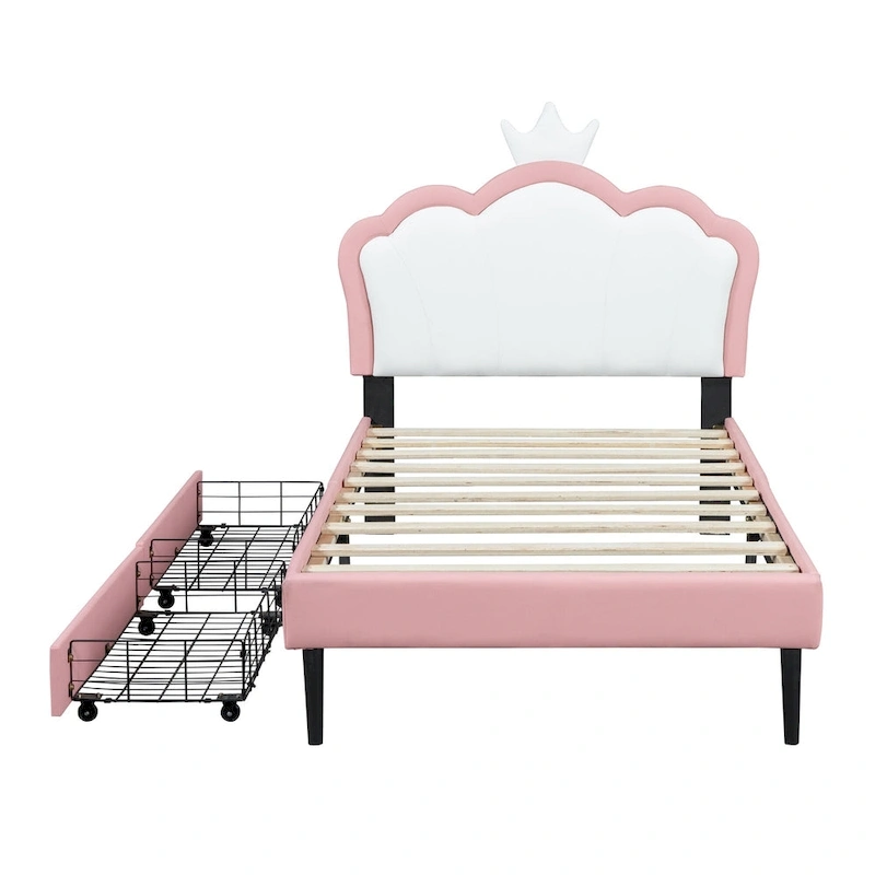 Upholstered Princess Bed with Crown Headboard & Drawers