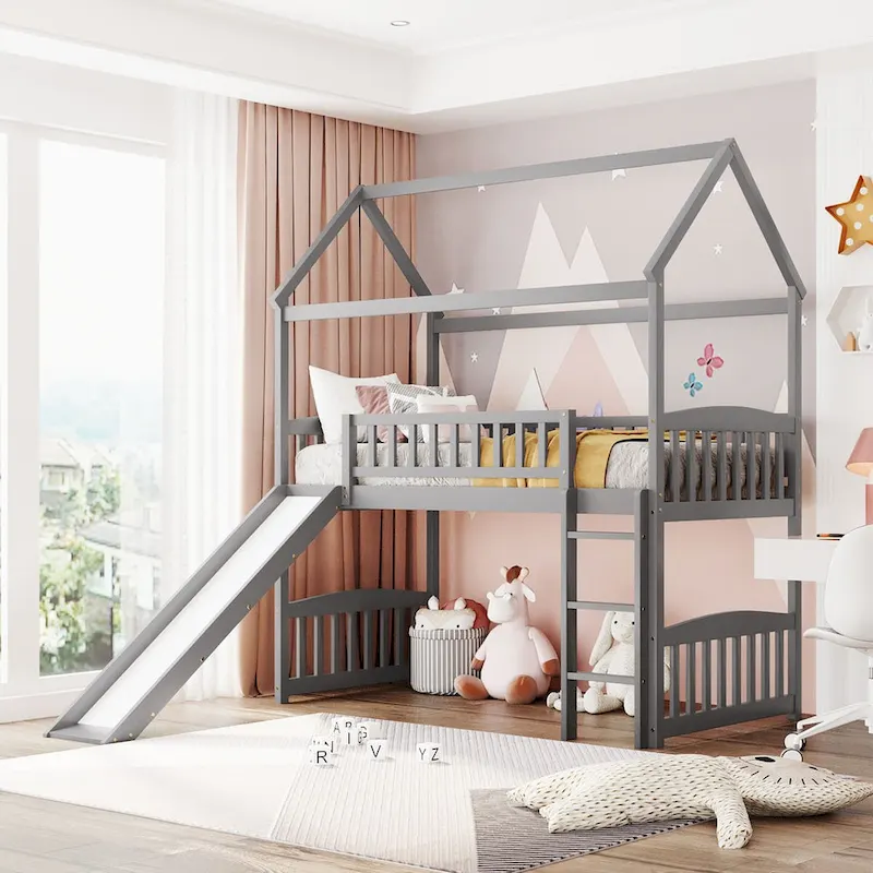 Twin Loft Bed with Slide and Guardrail