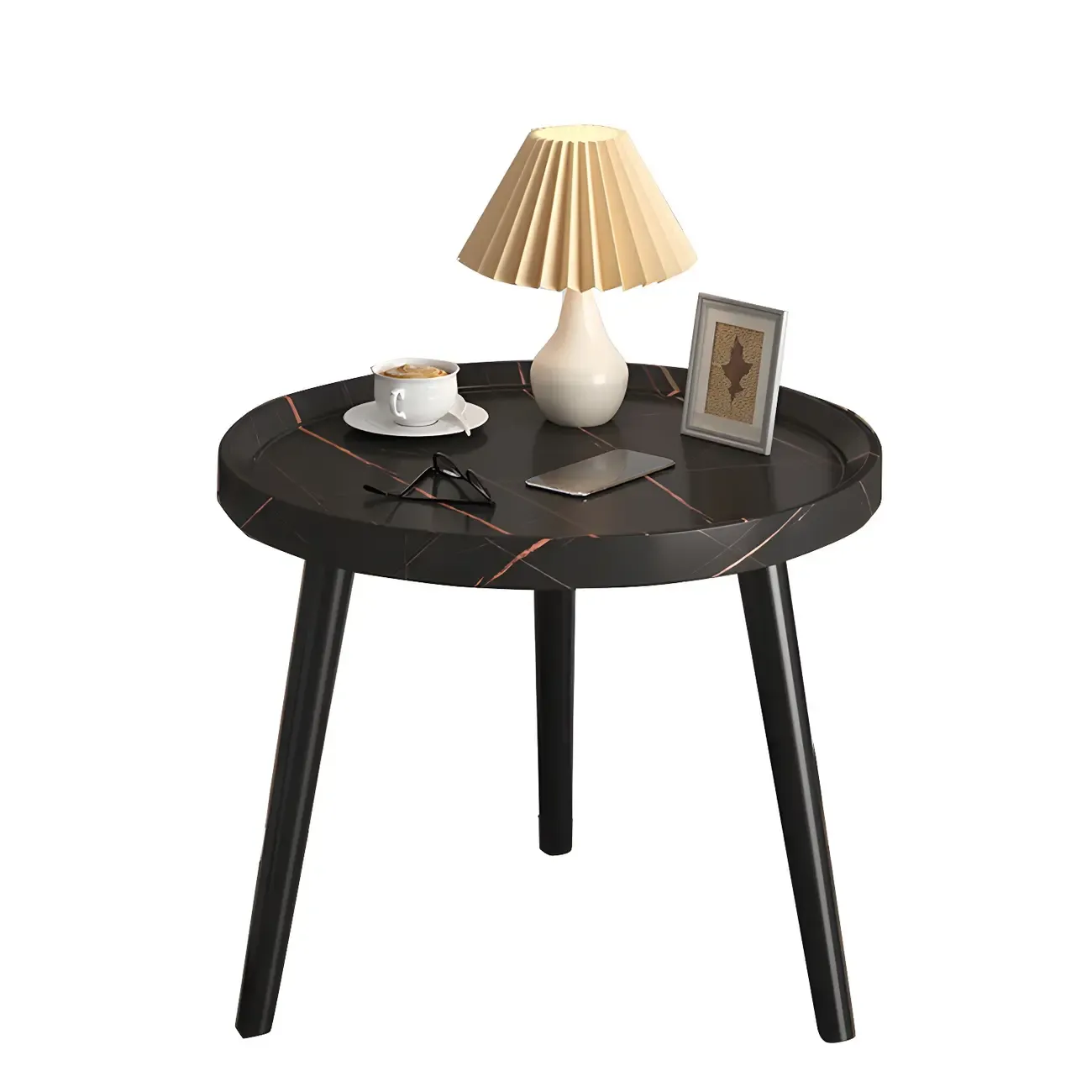 Natural Espresso Wood Small Round End Side Table with Tray Top & Shelf
