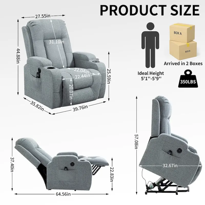 Power Lift Recliner with Massage, Lumbar Heating, USB Charging & Cup Holders, Modern Ergonomic Design