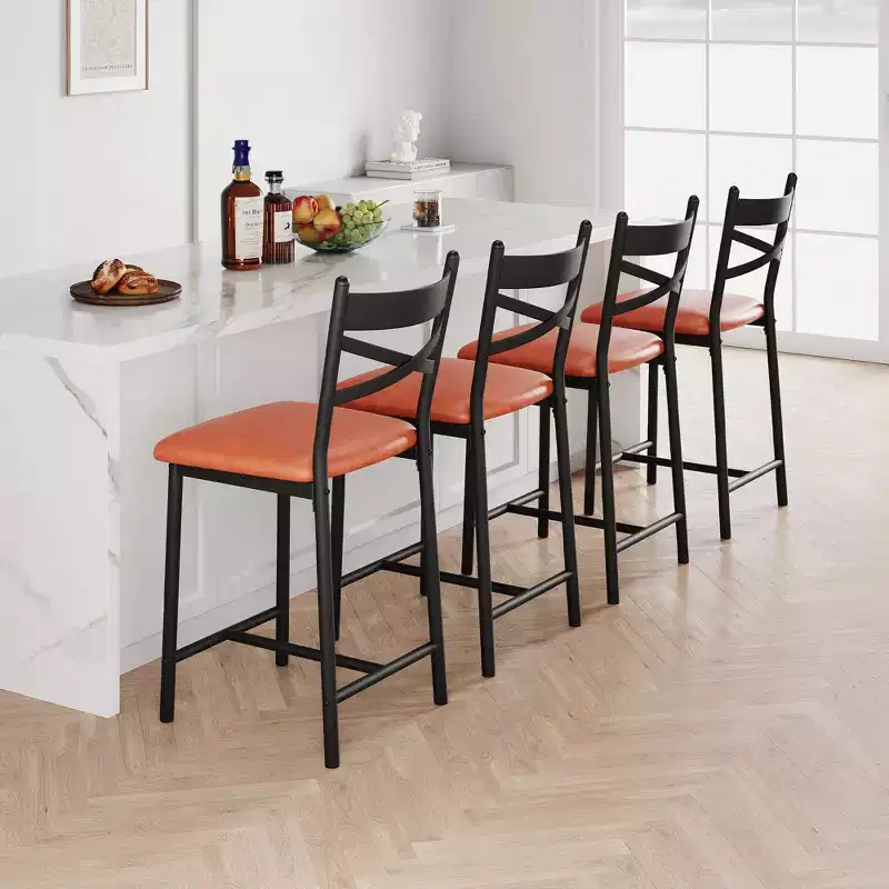 Set of 2 Counter Height Bar Stools with Back, Upholstered Faux Leather Bar Chairs with Thick Cushion and Footrest