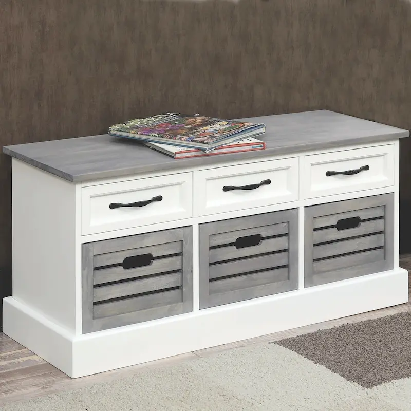 Two Toned Grey/ White Storage Bench with Drawers and Wooden Baskets