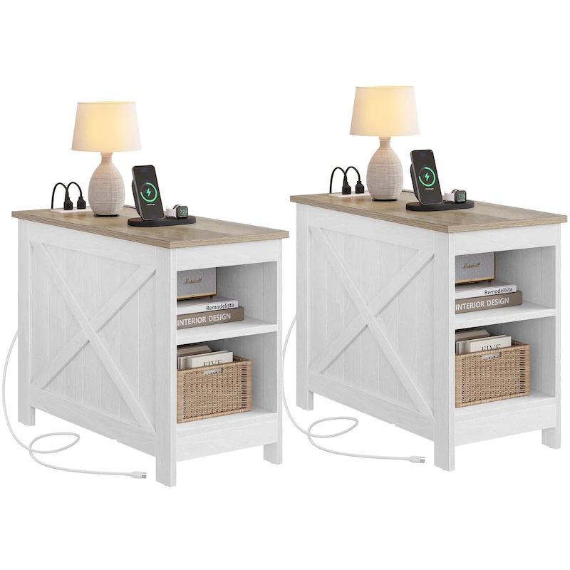 Moasis Set of 2 End Table with Charging Station Side Table with Storage, 2 Power Outlets & 2 USB Ports