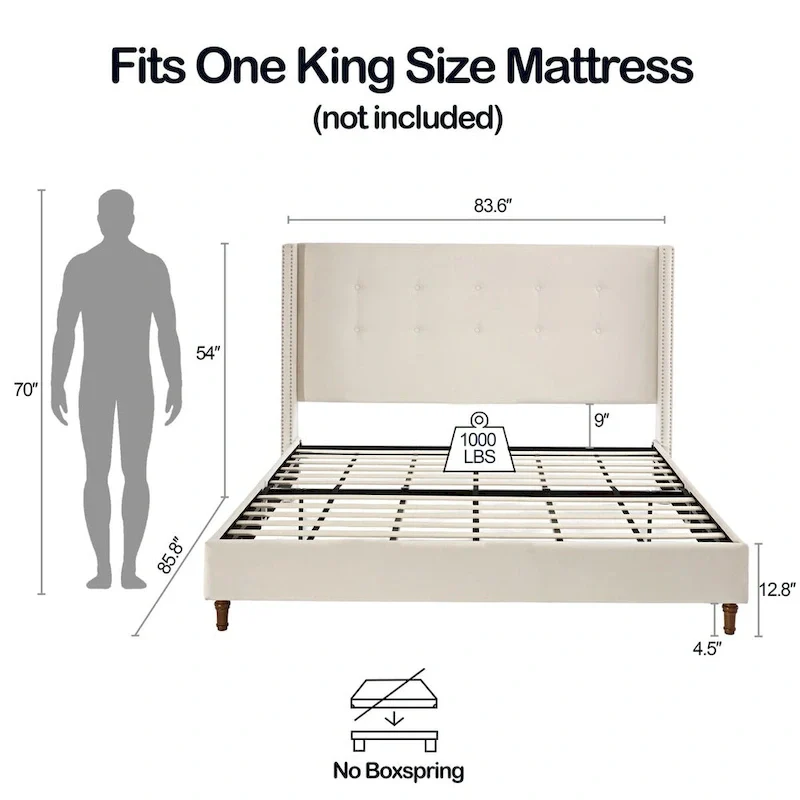 CUSchoice 54 High Headboard Upholstered Queen/King Bed (No Box Spring Needed)