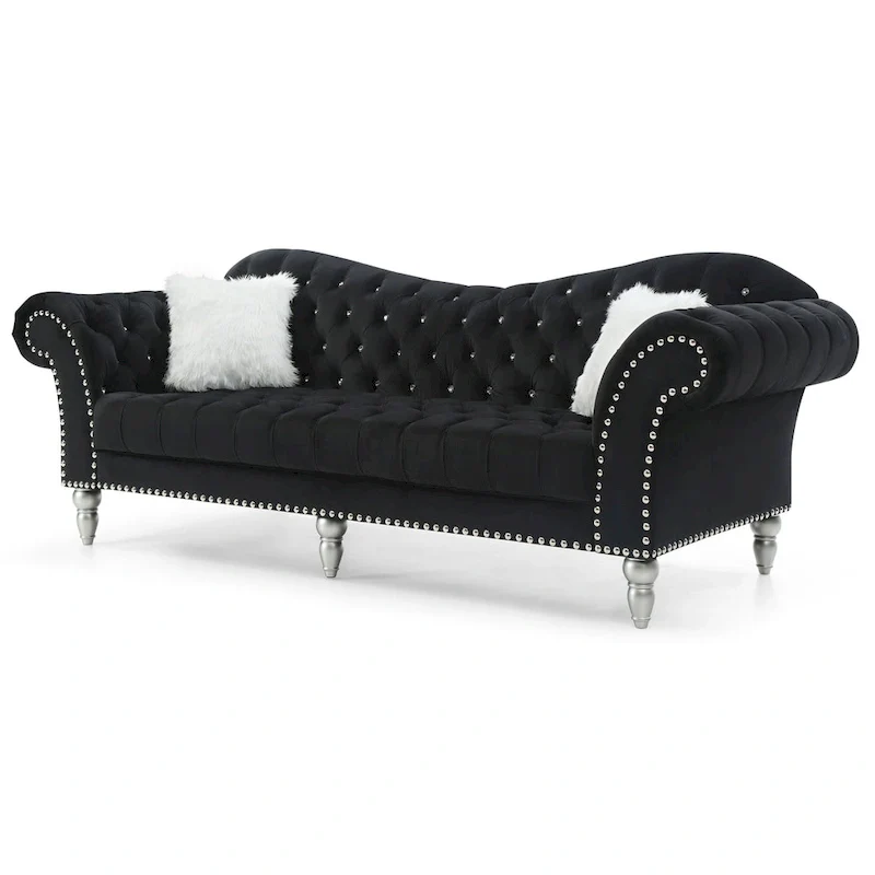 Velvet Tufted Sofa with Sweetheart Back & Chrome Nailheads – Blue / Dark Grey / Pink / Black, Seats 3